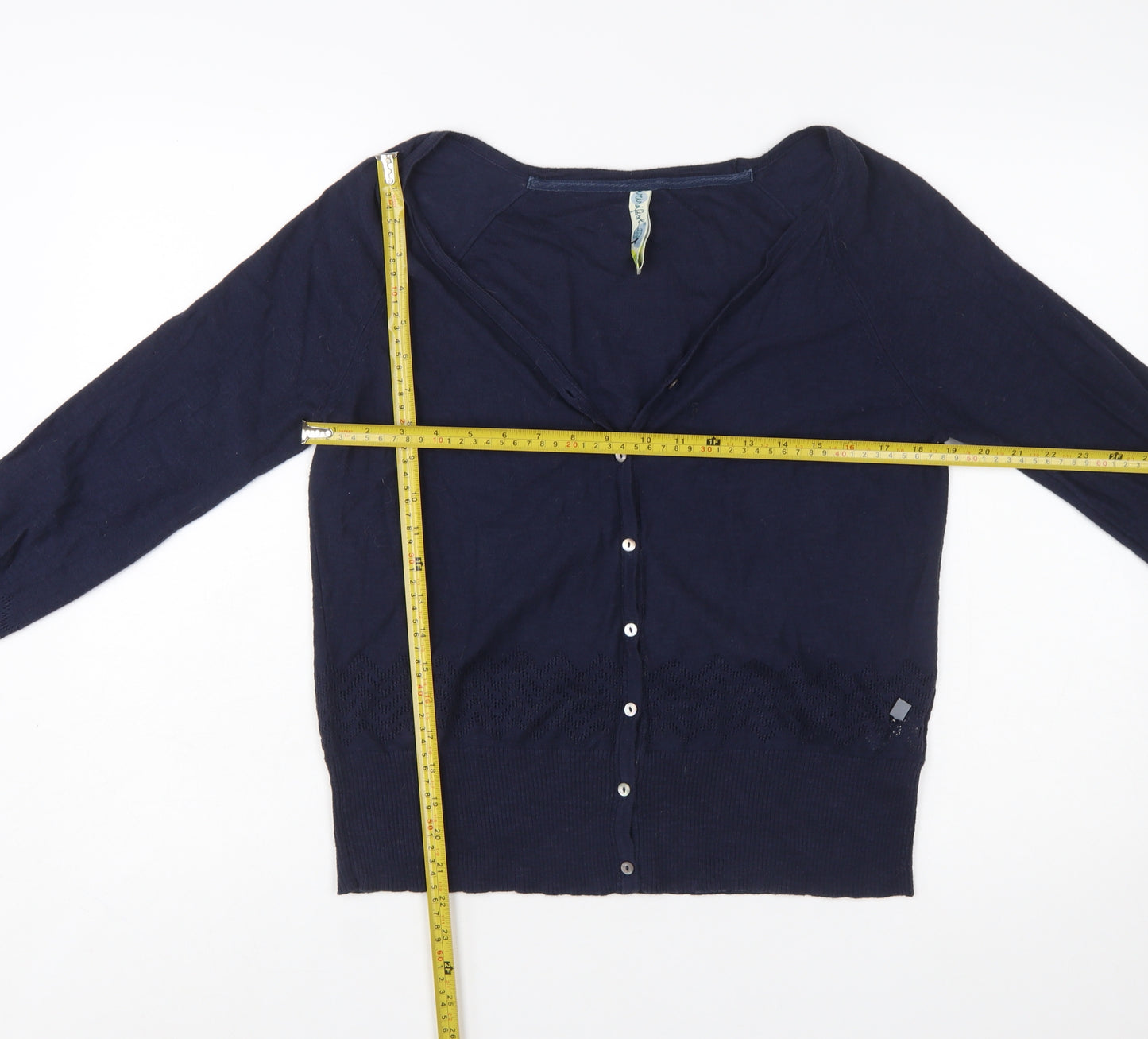 Weird Fish Women Blue Size 10 Cotton V-Neck Button Cardigan