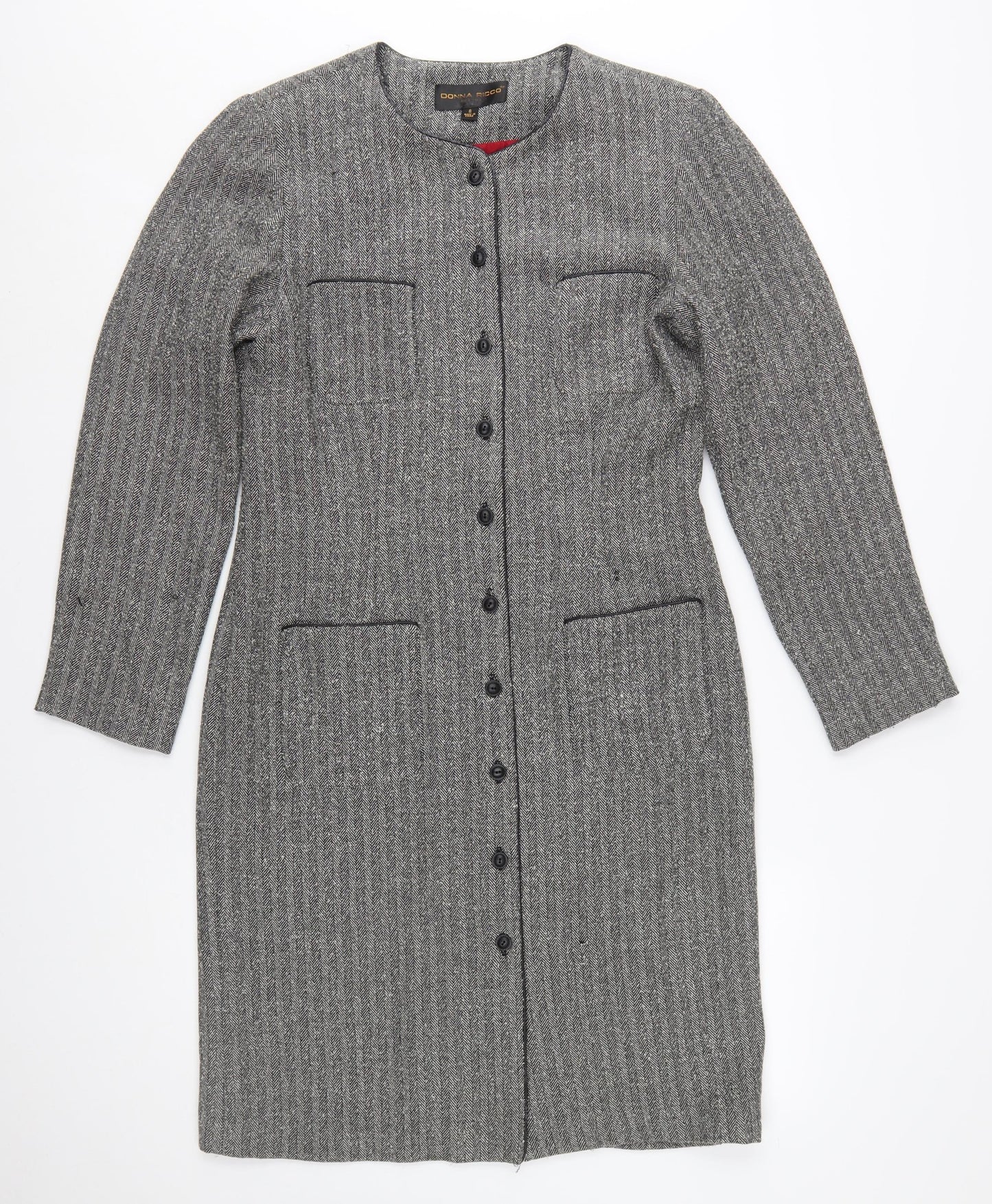 Donna Ricco Womens Grey Herringbone Long Coat Size 12