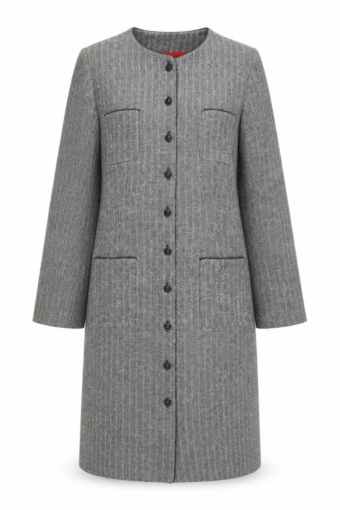 Front view of Donna Ricco women’s grey herringbone long coat, size UK 12