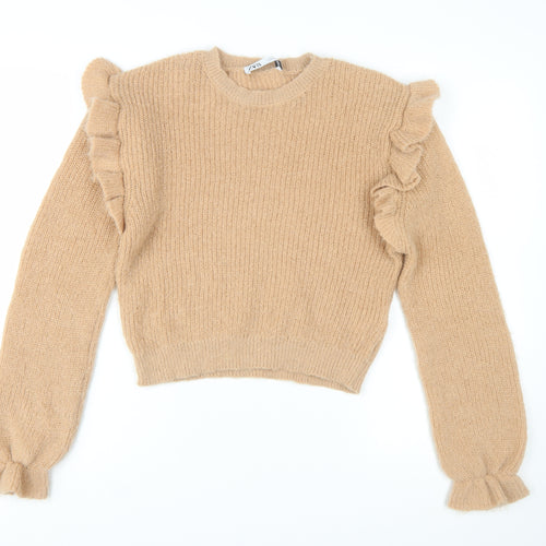 ZARA Women Beige Ruffle Knit Pullover Jumper Size 12