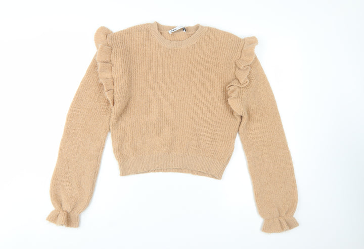 ZARA Women Beige Ruffle Knit Pullover Jumper Size 12