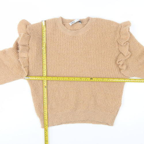 ZARA Women Beige Ruffle Knit Pullover Jumper Size 12