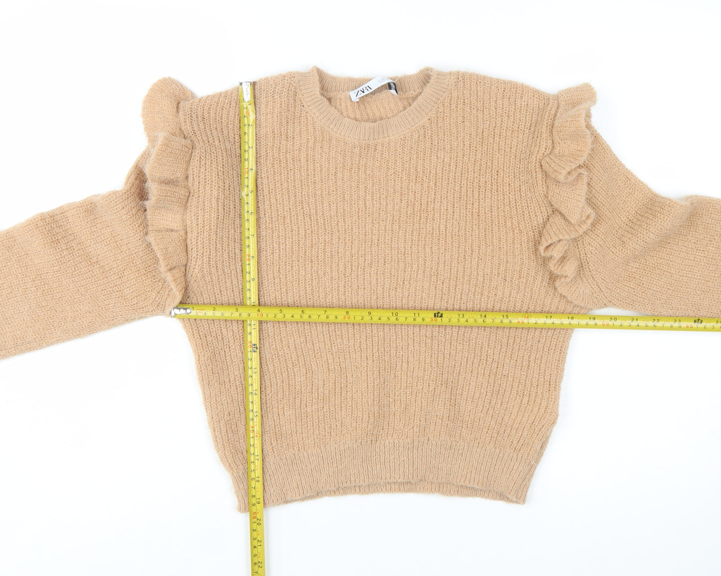 ZARA Women Beige Ruffle Knit Pullover Jumper Size 12