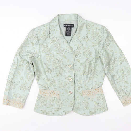 Cachet Women Mint Green Floral Blazer Size 10 Beaded Formal Jacket