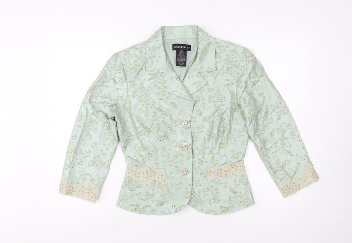 Cachet Women Mint Green Floral Blazer Size 10 Beaded Formal Jacket