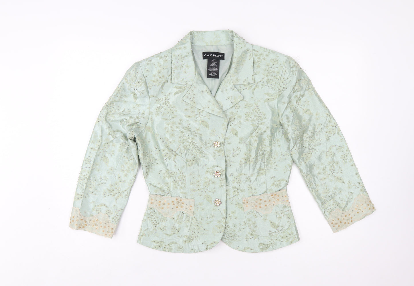 Cachet Women Mint Green Floral Blazer Size 10 Beaded Formal Jacket