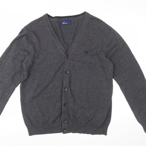 Fred Perry Men's Grey Cotton V-Neck Button Cardigan L