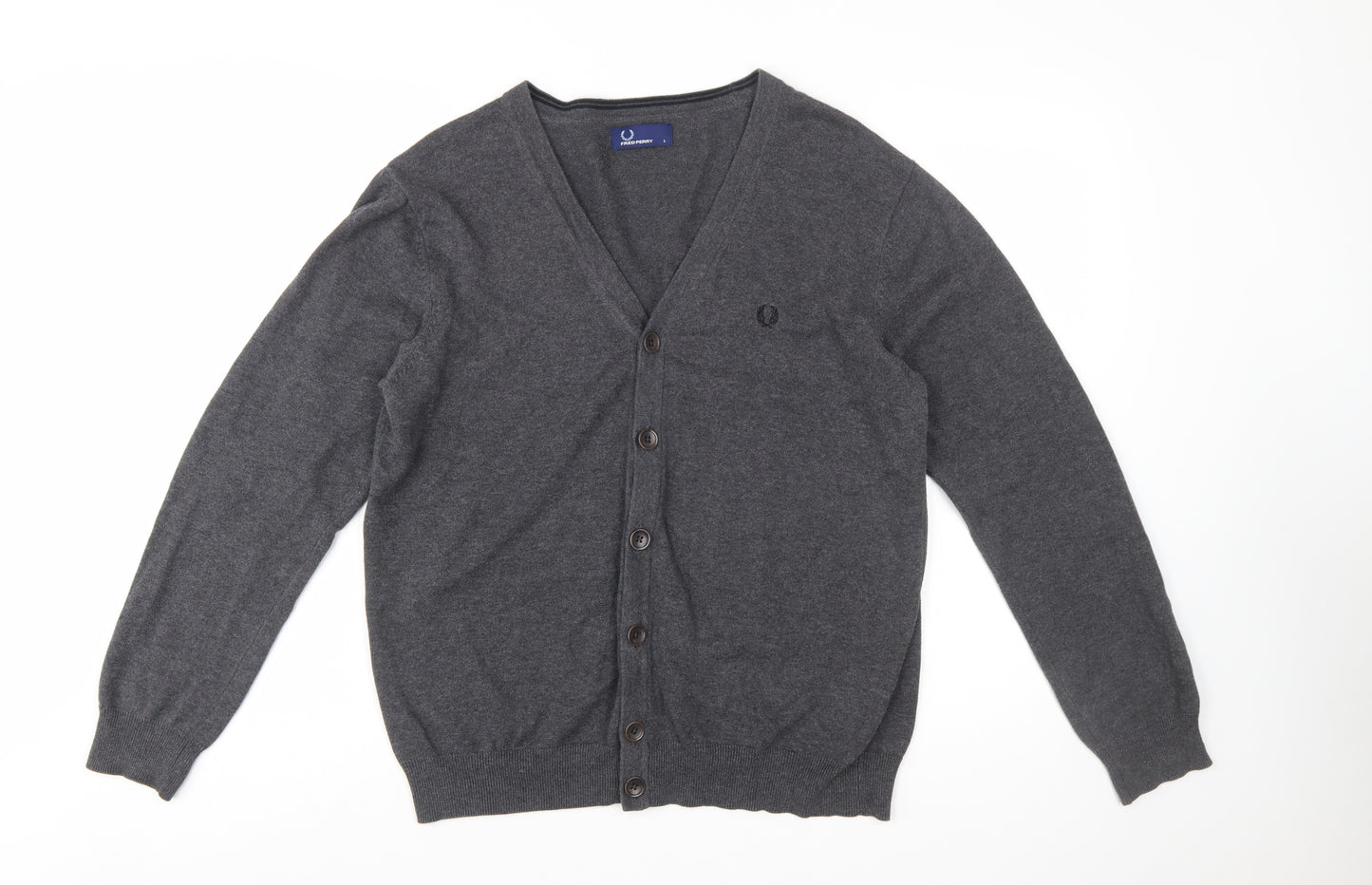 Fred Perry Men's Grey Cotton V-Neck Button Cardigan L