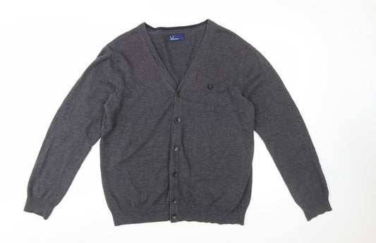 Fred Perry Men's Grey Cotton V-Neck Button Cardigan L