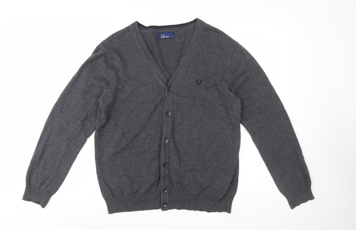 Fred Perry Men's Grey Cotton V-Neck Button Cardigan L