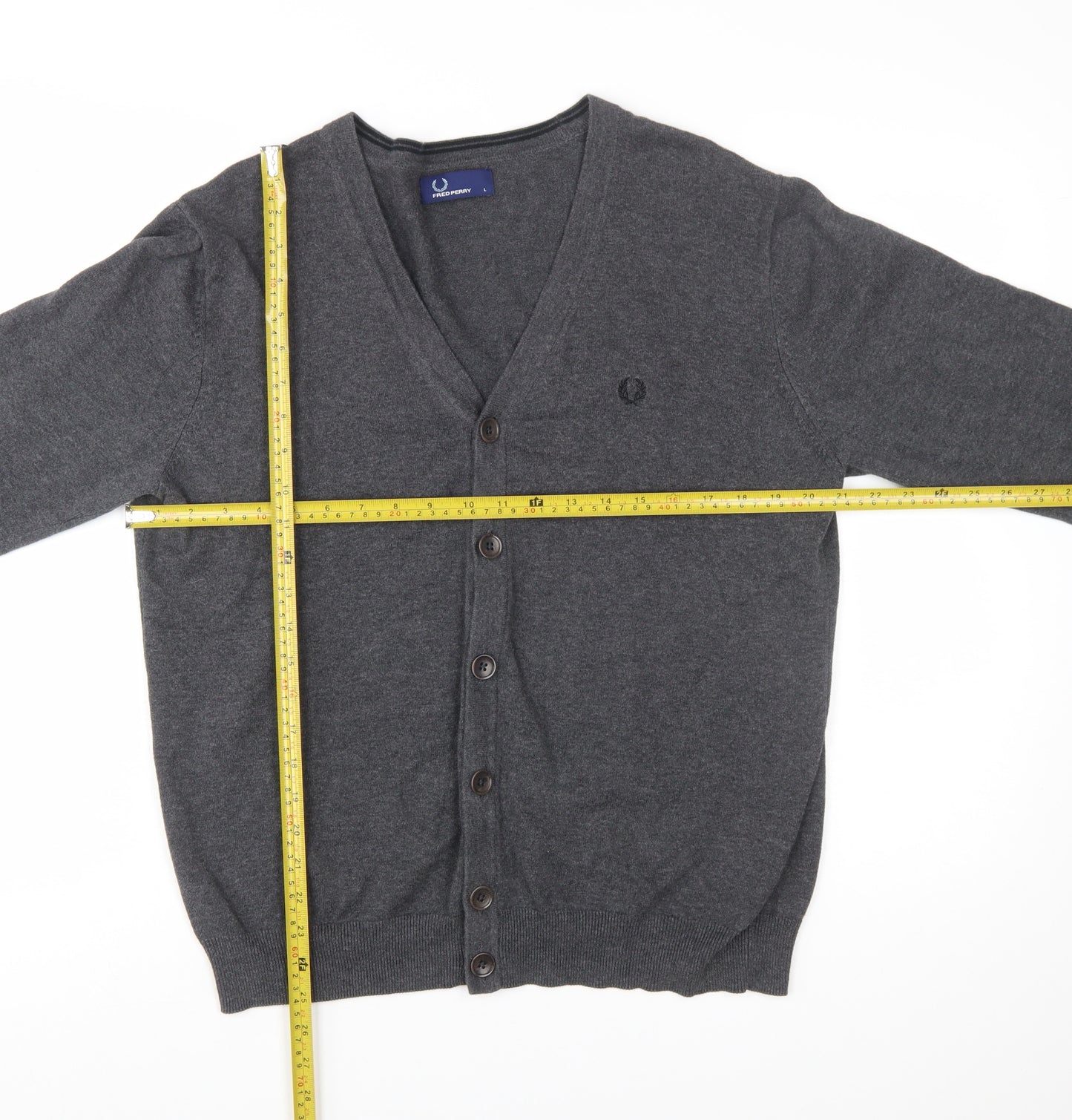 Fred Perry Men's Grey Cotton V-Neck Button Cardigan L