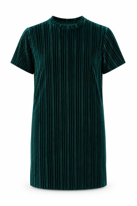 Front view of JD Williams Women’s Green Velvet Striped T-Shirt Dress, size UK 10