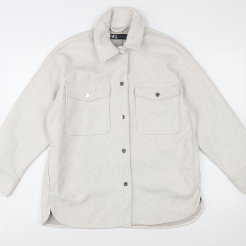 ZARA Women Beige Relaxed Shacket Jacket Size 10 Classic Style