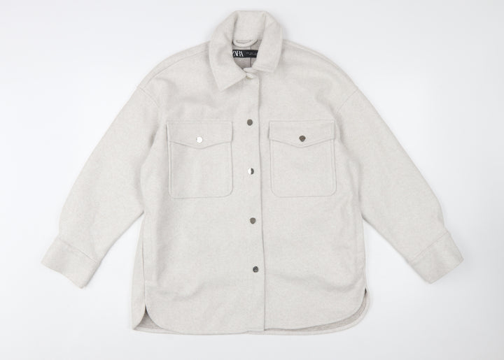 ZARA Women Beige Relaxed Shacket Jacket Size 10 Classic Style