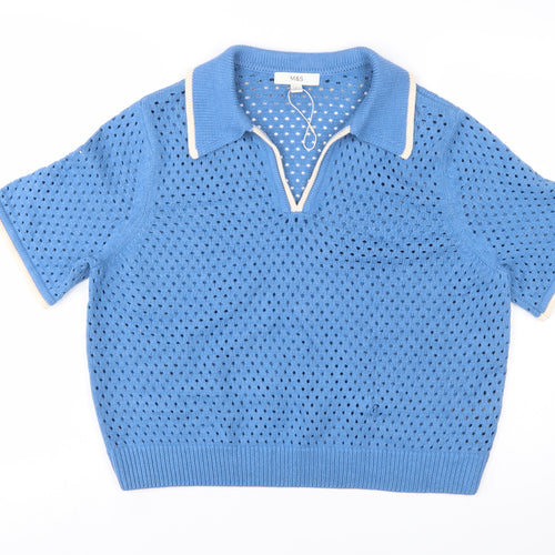Marks and Spencer Women's Blue Collared Open Knit Short Sleeve Jumper L