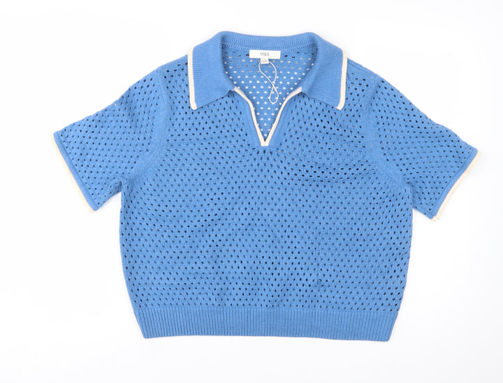 Marks and Spencer Women's Blue Collared Open Knit Short Sleeve Jumper L