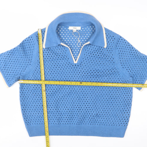Marks and Spencer Women's Blue Collared Open Knit Short Sleeve Jumper L