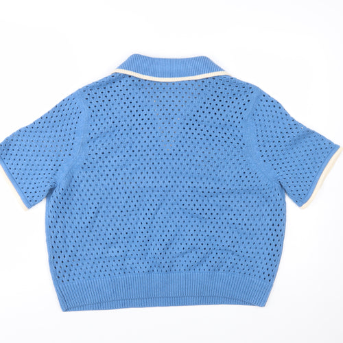 Marks and Spencer Women's Blue Collared Open Knit Short Sleeve Jumper L