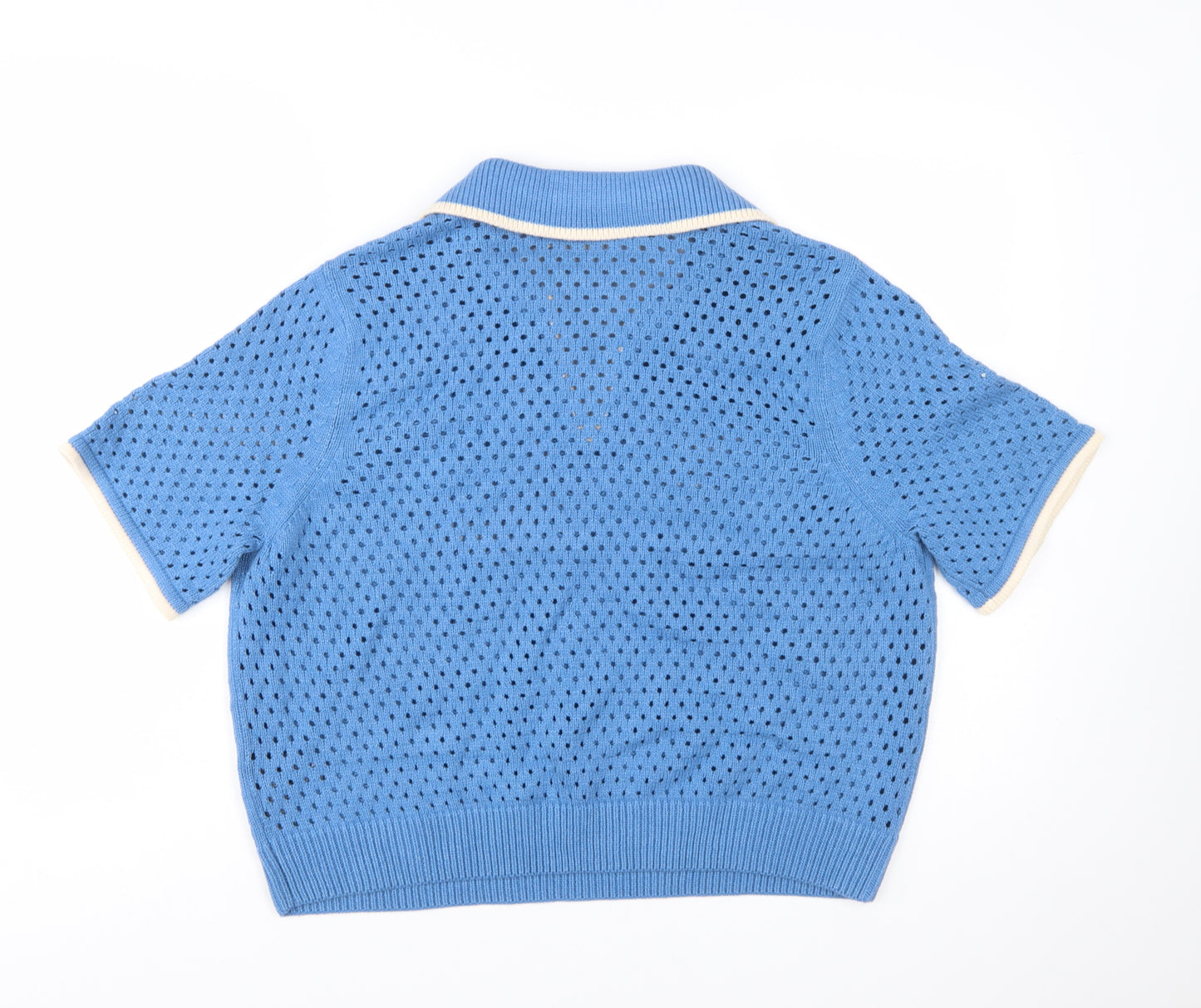 Marks and Spencer Women's Blue Collared Open Knit Short Sleeve Jumper L