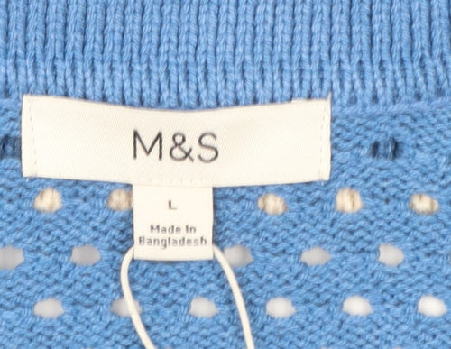 Marks and Spencer Women's Blue Collared Open Knit Short Sleeve Jumper L