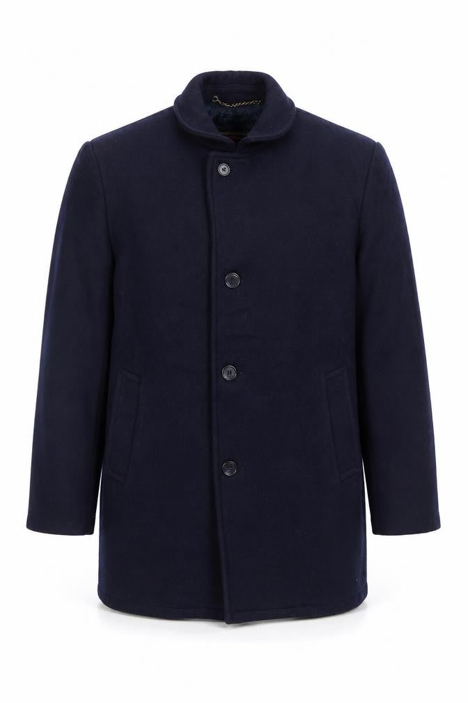 Front view of Botany 500 Men's Navy Blue Wool Overcoat, size 46, Regular Classic