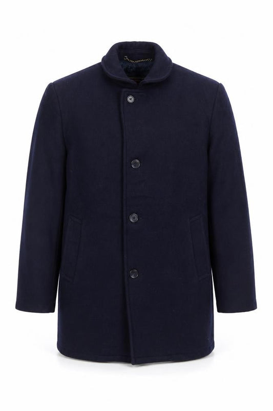 Front view of Botany 500 Men's Navy Blue Wool Overcoat, size 46, Regular Classic