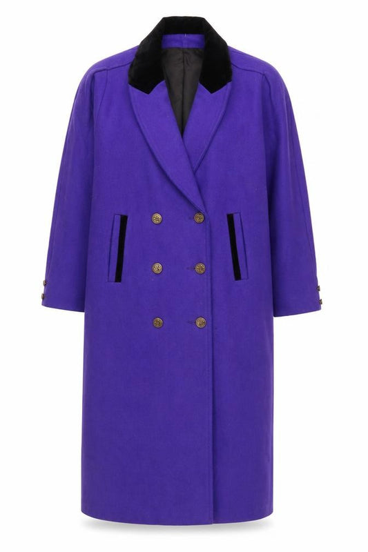 Front view of Emblem Women’s Purple Wool Blend Long Double Breasted Overcoat, size UK 10