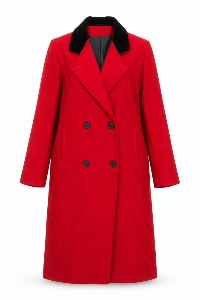 Front view of International Scene Women's Red Wool Long Overcoat, size 8