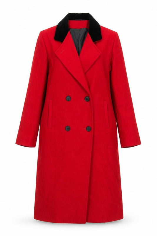 Front view of International Scene Women's Red Wool Long Overcoat, size 8