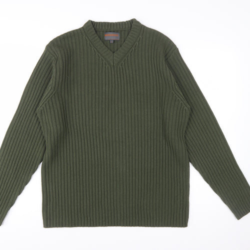 No Excess Men's Green V-Neck Chunky Knit Cotton Jumper Size S