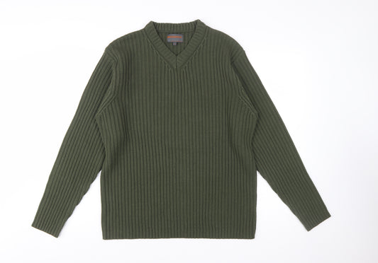 No Excess Men's Green V-Neck Chunky Knit Cotton Jumper Size S