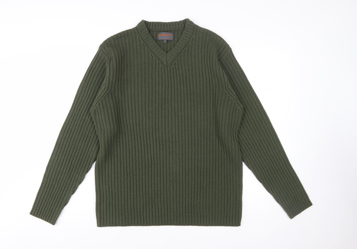 No Excess Men's Green V-Neck Chunky Knit Cotton Jumper Size S