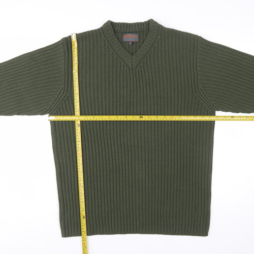 No Excess Men's Green V-Neck Chunky Knit Cotton Jumper Size S