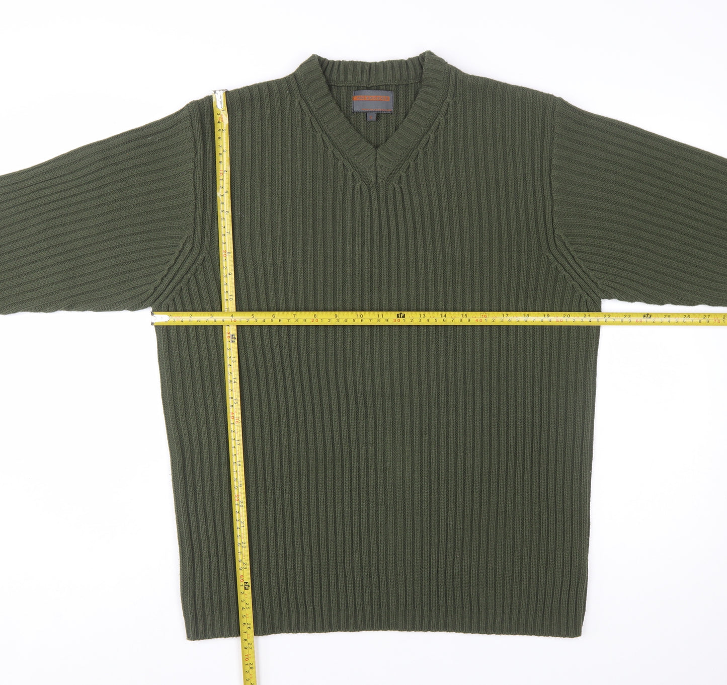 No Excess Men's Green V-Neck Chunky Knit Cotton Jumper Size S
