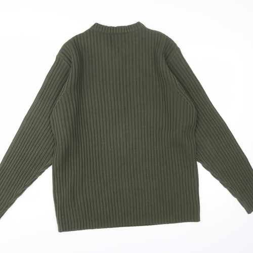No Excess Men's Green V-Neck Chunky Knit Cotton Jumper Size S