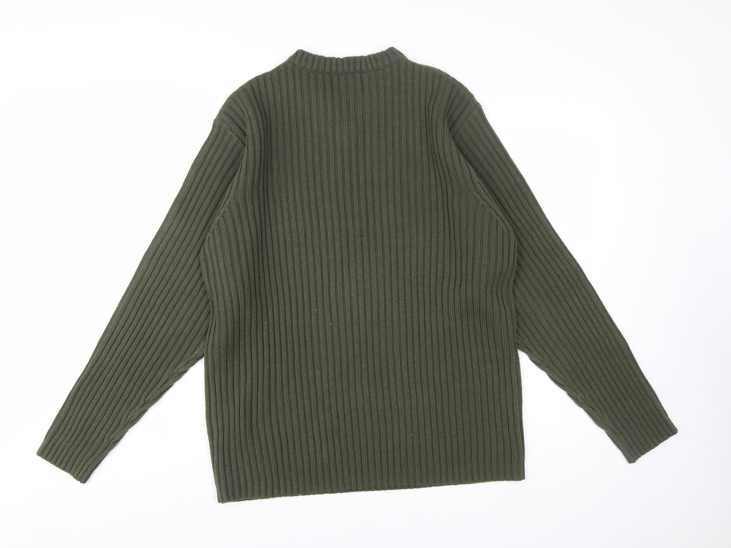 No Excess Men's Green V-Neck Chunky Knit Cotton Jumper Size S