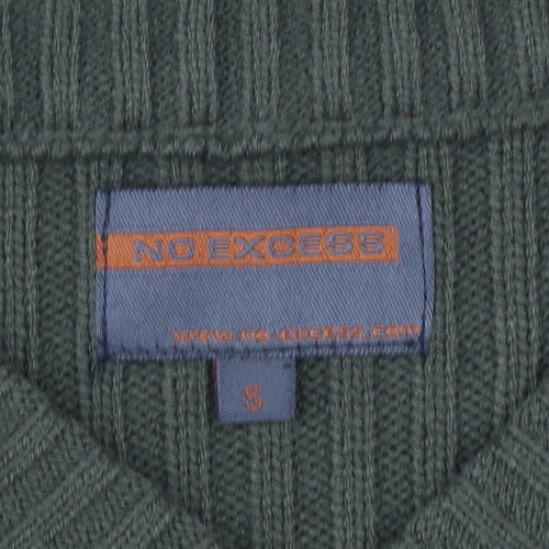 No Excess Men's Green V-Neck Chunky Knit Cotton Jumper Size S