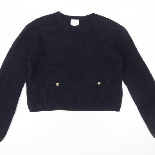 H&M Women's Blue Chunky Knit Cotton Acrylic Crew Neck Jumper Size 12