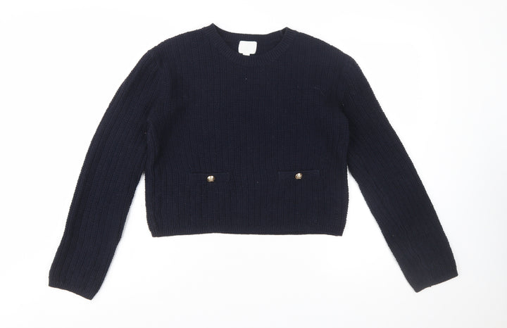 H&M Women's Blue Chunky Knit Cotton Acrylic Crew Neck Jumper Size 12