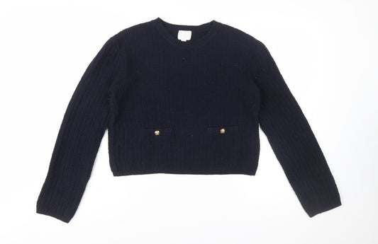 H&M Women's Blue Chunky Knit Cotton Acrylic Crew Neck Jumper Size 12