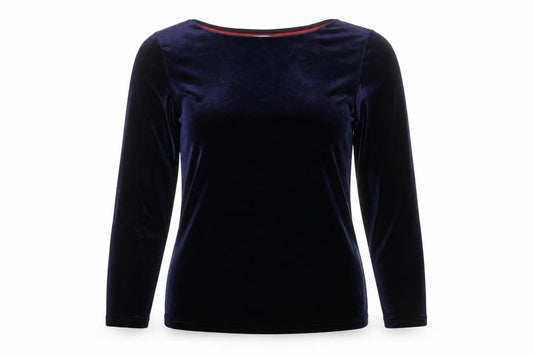 Front view of Boden Women Blue Velvet Long Sleeve Boat Neck Blouse, size 10