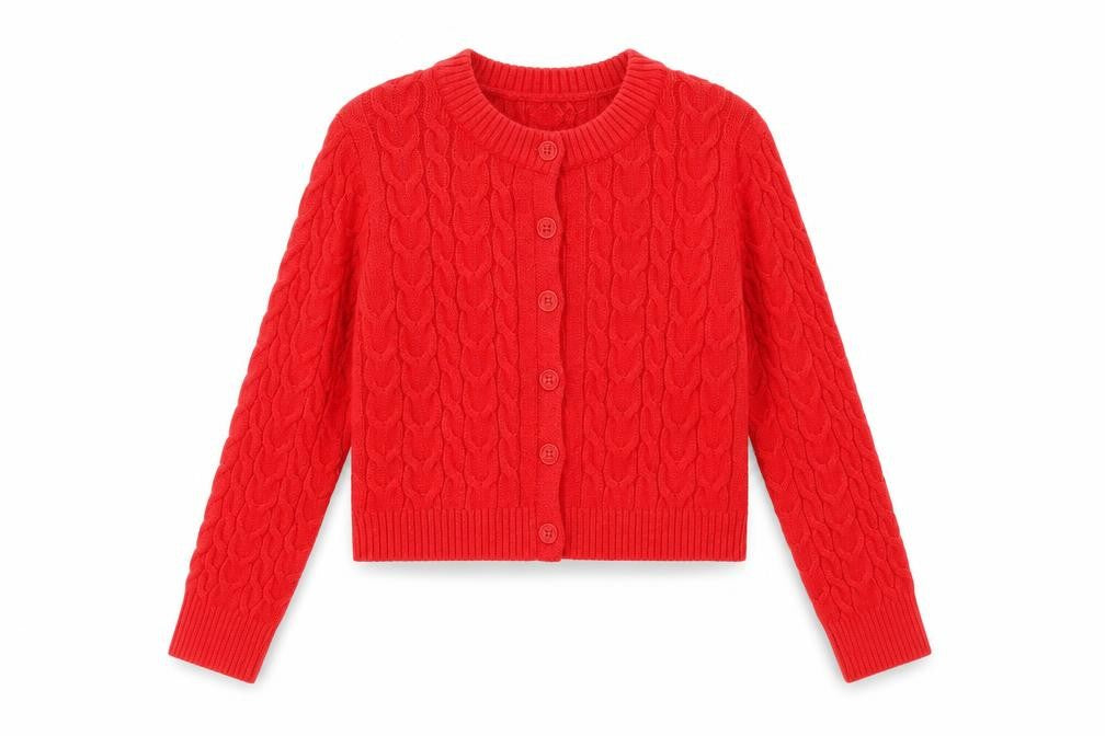 Front view of Stradivarius Women Red Cable-Knit Cardigan Jumper S