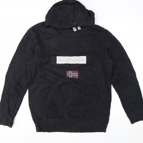 Napapijri Men's Black XL Pullover Hoodie with Logo Flag Patch