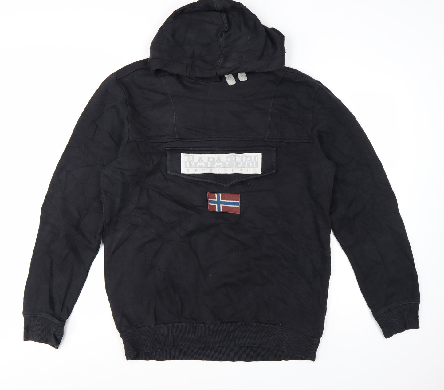 Napapijri Men's Black XL Pullover Hoodie with Logo Flag Patch