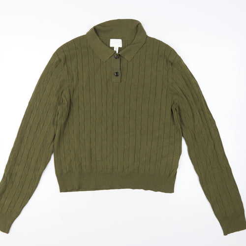 H&M Womens Green Collared Cable Knit Henley Jumper Size 12