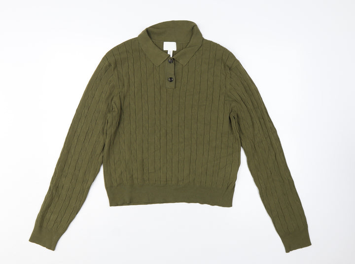 H&M Womens Green Collared Cable Knit Henley Jumper Size 12