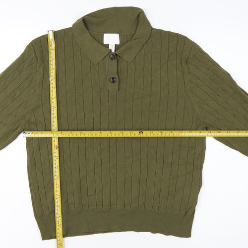 H&M Womens Green Collared Cable Knit Henley Jumper Size 12
