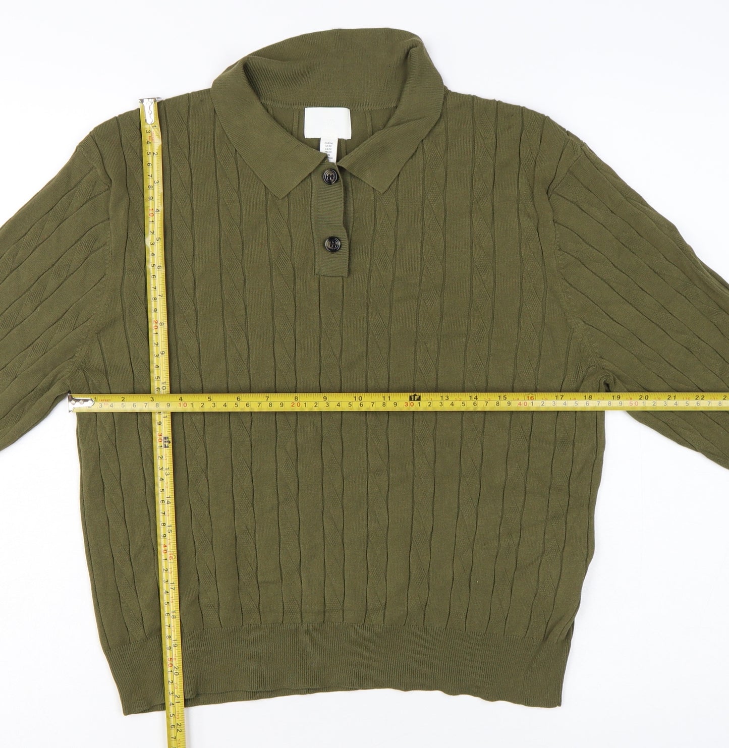H&M Womens Green Collared Cable Knit Henley Jumper Size 12