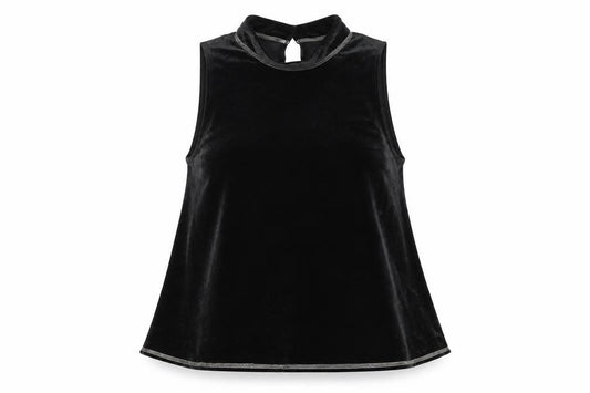 Front view of Abercrombie & Fitch Women's Black Velvet High Neck Sleeveless Tank Top M
