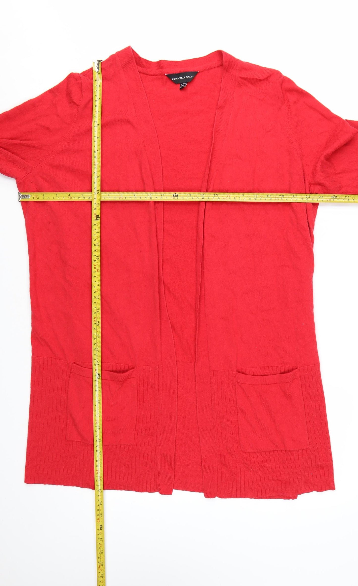 Long Tall Sally Women Red Cardigan Size 22-24 Open Knit Pockets